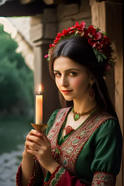 turkish woman dressed in traditional turkish village clothes with a candle, in the style of dark green and red, romantic depictions of turkish weddings,slight smile, fairycore, webcam photography, historical reproductions, traditional techniques reimagined, made of flowers --ar 2:3 --niji 5