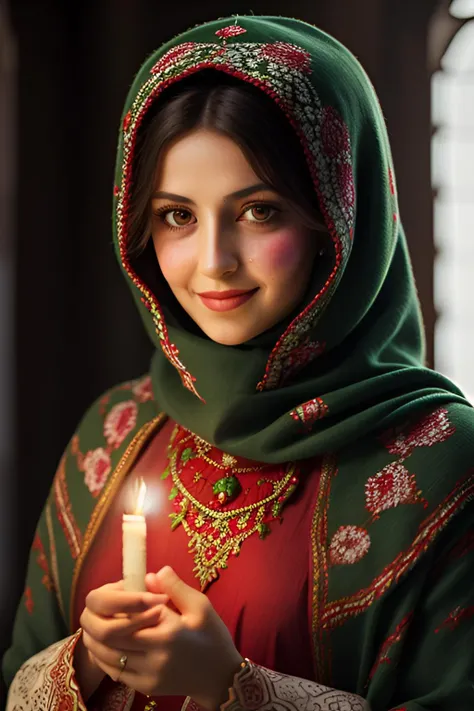 turkish woman dressed in traditional turkish village clothes with a candle, in the style of dark green and red, head covered with turkish hijab, romantic depictions of turkish weddings,sad smile, teary eyes, fairycore, webcam photography, historical reproductions, traditional techniques reimagined, made of flowers --ar 2:3 --niji 5