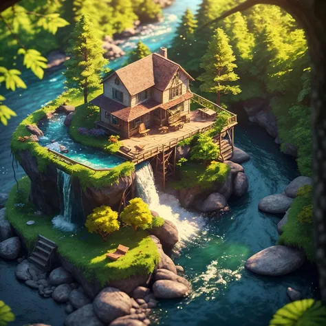 photographic, realistic, realism, cinematic photo, beautiful, (masterpiece:1.2), (best quality:1.2), perfect lighting, pov, Cute isometric island, cottage in the woods, river with water falling off the edge,foreshortening, depth, colorful, 35mm photograph, film, bokeh, award-winning, professional, highly detailed, 8k, highly detailed