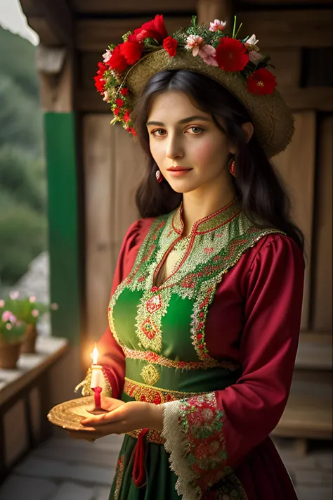 turkish woman dressed in traditional turkish village clothes with a candle, in the style of dark green and red, romantic depictions of historical events,slight smile, fairycore, webcam photography, historical reproductions, traditional techniques reimagined, made of flowers --ar 2:3 --niji 5