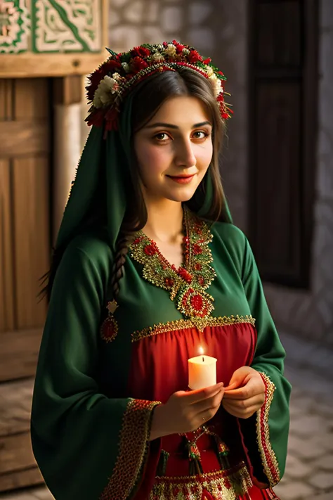 turkish woman dressed in traditional turkish village clothes with a candle, in the style of dark green and red, romantic depictions of turkish weddings,sad smile, teary eyes,  fairycore, webcam photography, historical reproductions, traditional techniques reimagined, made of flowers --ar 2:3 --niji 5