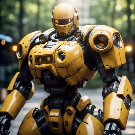 photographic, realistic, realism, cinematic photo, beautiful, (masterpiece:1.2), (best quality:1.2), perfect lighting, pov, A combat Mech designed with a banana theme,,foreshortening, depth, colorful, 35mm photograph, film, bokeh, award-winning, professional, highly detailed, 8k, highly detailed