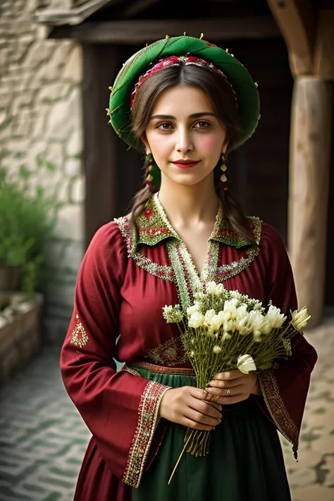 turkish woman dressed in traditional turkish village clothes with a candle, in the style of dark green and red, romantic depictions of turkish weddings,sad smile, teary eyes, fairycore, webcam photography, historical reproductions, traditional techniques reimagined, made of flowers --ar 2:3 --niji 5