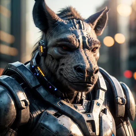 photographic, realistic, realism, cinematic photo, beautiful, (masterpiece:1.2), (best quality:1.2), perfect lighting, pov, cybernetic grey werewolf body with Rhinoceros head, god masculine, with power armor,foreshortening, depth, colorful, 35mm photograph, film, bokeh, award-winning, professional, highly detailed, 8k, highly detailed
