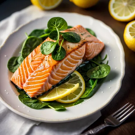 photographic, realistic, realism, cinematic photo, beautiful, (masterpiece:1.2), (best quality:1.2), perfect lighting, pov, professional food photo of salmon steak, spinach, lemon, steam, foreshortening, depth, colorful, 35mm photograph, film, bokeh, award-winning, professional, highly detailed, 8k, highly detailed