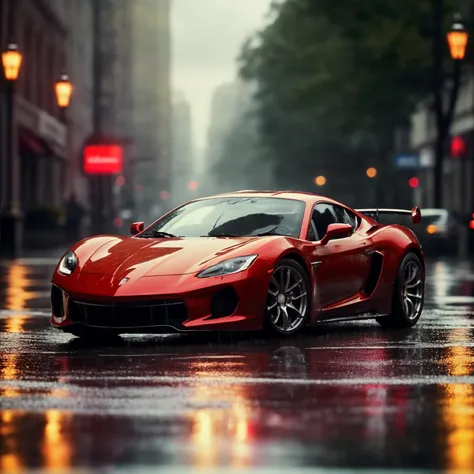 photographic, realistic, realism, cinematic photo, beautiful, (masterpiece:1.2), (best quality:1.2), perfect lighting, pov, red sports car in the street, day time, wet weather, foreshortening, depth, colorful, 35mm photograph, film, bokeh, award-winning, professional, highly detailed, 8k, highly detailed