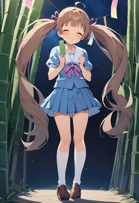 1girl, hakozaki serika, summer-jhs, 1girl, twintails, closed eyes, smile, full body, ahoge, brown footwear, white legwear, brown hair, school uniform, pleated skirt, hair ribbon, holding, standing, blue skirt, blush, closed mouth, very long hair, blue shirt, facing viewer, white sailor collar, puffy short sleeves, ^ ^, pink ribbon, hands up, serafuku, neck ribbon, purple ribbon, eyebrows visible through hair, blue serafuku, light brown hair, loafers, blue ribbon, star \(sky\), night sky, pigeon-toed, summer uniform, solo, holding tanzaku, bamboo, tanabata, white socks, plaid ribbon, masterpiece, best quality <lora:hakozaki_serika_sdxl_locon_v1:0.7>