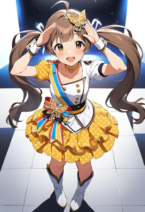 1girl, hakozaki serika, brand new performance, twintails, open mouth, white background, brown eyes, smile, ahoge, simple background, brown hair, white footwear, wrist cuffs, full body, looking at viewer, :d, collarbone, blush, knee boots, salute, hair ribbon, yellow skirt, high heel boots, standing, hair ornament, very long hair, eyebrows visible through hair, arm up, white ribbon, idol, layered skirt, white shirt, miniskirt, idol clothes, sash, hand up, yellow choker, dress, multicolored clothes, solo, white jacket, puffy short sleeves, butterfly ornament, butterfly hair ornament, frilled skirt, polka dot jacket, polka dot skirt, buttons, multicolored jacket, stage, stage lights, masterpiece, best quality <lora:hakozaki_serika_sdxl_locon_v1:0.7>