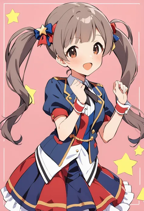 1girl, hakozaki serika, royal starlet, twintails, open mouth, smile, brown eyes, long hair, looking at viewer, hair bow, star \(symbol\), :d, star hair ornament, brown hair, blush, eyebrows visible through hair, red bow, pink background, wrist cuffs, puffy short sleeves, hands up, red skirt, cowboy shot, wristband, frilled skirt, frills, white shirt, black neckwear, standing, layered skirt, black ribbon, grey hair, blue jacket, black bow, blue bow, neck ribbon, collared shirt, hair ribbon, vest, multicolored skirt, open jacket, multicolored, border, idol, simple background, masterpiece, best quality <lora:hakozaki_serika_sdxl_locon_v1:0.7>