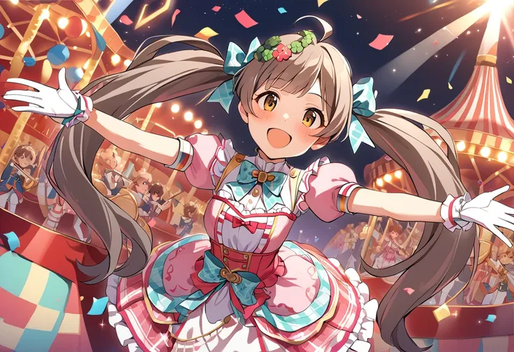 1girl, hakozaki serika, fancy dreaming, twintails, open mouth, instrument, brown hair, brown eyes, smile, long hair, ahoge, trumpet, confetti, stuffed animal, pink dress, :d, hair ribbon, looking at viewer, stage, wrist cuffs, blush, hair flower, frills, hair bow, white gloves, puppet, dutch angle, marching band baton, solo focus, grey hair, hat, puffy short sleeves, idol, yellow eyes, clover, blue bow, carousel, sparkle, music, clothed animal, bracelet, outstretched arms, spread arms, jewelry, frilled dress, head wreath, detached sleeves, plaid hair bow, aqua bow, aqua bowtie, plaid bow, plaid bowtie, waist bow, masterpiece, best quality <lora:hakozaki_serika_sdxl_locon_v1:0.7>