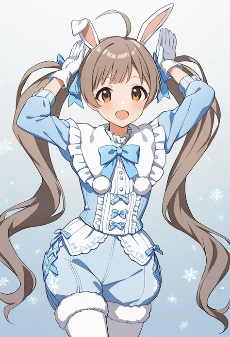 1girl, hakozaki serika, pyon-pyon loveit, twintails, rabbit ears, open mouth, brown eyes, smile, very long hair, fur trim, bunny pose, white gloves, white legwear, :d, looking at viewer, frills, blush, brown hair, arms up, ahoge, snowflake background, blue shorts, snowflakes, hair ribbon, white background, long sleeves, blue ribbon, center frills, blue bow, simple background, blue shirt, standing, blue background, blue jacket, puffy shorts, hands up, light brown hair, puffy short sleeves, frilled shirt, fur-trimmed sleeves, grey hair, blue gloves, cowboy shot, feet out of frame, grey background, pom pom \(clothes\), fur-trimmed jacket, short shorts, frilled sleeves, eyebrows behind hair, blue neckwear, thighhighs, solo, gradient background, fur-trimmed capelet, white pantyhose, fur-trimmed legwear, blue bowtie, light blue shorts, frilled dress, legwear under shorts, light blue shirt, masterpiece, best quality <lora:hakozaki_serika_sdxl_locon_v1:0.7>