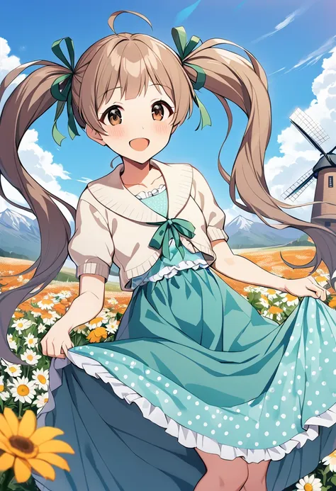 1girl, hakozaki serika, casual, twintails, open mouth, ahoge, smile, windmill, brown eyes, day, hair ribbon, outdoors, :d, skirt basket, flower field, cloud, field, brown hair, petals, blue sky, blush, skirt hold, very long hair, looking at viewer, blue dress, puffy short sleeves, frills, standing, eyebrows visible through hair, pink flower, collarbone, blue ribbon, depth of field, cowboy shot, aqua dress, orange flower, frilled dress, cropped jacket, polka dot dress, light brown hair, green ribbon, daisy, aqua ribbon, yellow flower, bouquet, mountain, solo, green skirt, holding flower, horizon, cloudy sky, skirt lift, book, white flower, yellow rose, print dress, white cardigan, masterpiece, best quality <lora:hakozaki_serika_sdxl_locon_v1:0.7>