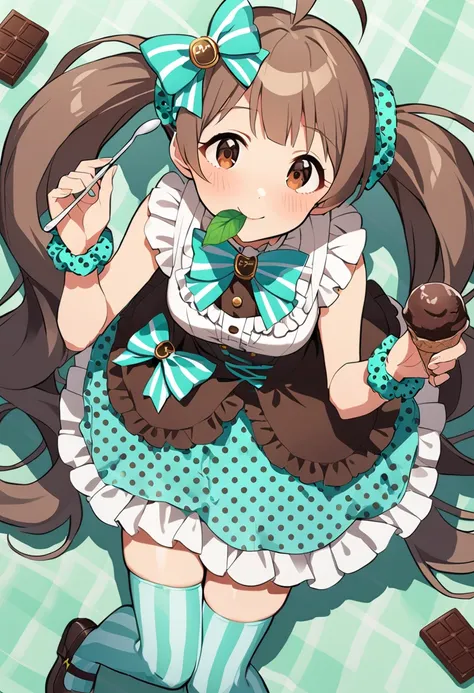 1girl, hakozaki serika, girlish chocomint, she chews on a mint leaf, twintails, ice cream, spoon, brown eyes, brown hair, chocolate, mouth hold, smile, looking at viewer, hair bow, pantyhose, chocolate bar, frills, mint, ahoge, ice cream cone, very long hair, shoes, from above, striped legwear, hair ornament, wrist cuffs, candy, mary janes, leaf, scrunchie, holding spoon, striped bow, hair ribbon, green legwear, looking up, frilled dress, sparkle, blush, polka dot dress, green bow, striped neckwear, full body, aqua legwear, aqua bow, solo, green bowtie, bubble, dress, holding ice cream cone, aqua bowtie, sleeveless dress, layered skirt, striped bowtie, hair scrunchie, polka dot skirt, wrist scrunchie, white shirt, buttons, polka dot scrunchie, vertical-striped thighhighs, aqua thighhighs, sleeveless shirt, frilled shirt, frilled skirt, polka dot bow, aqua scrunchie, masterpiece, best quality <lora:hakozaki_serika_sdxl_locon_v1:0.7>