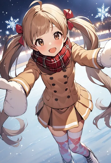 1girl, hakozaki serika, little teacher, twintails, thighhighs, brown eyes, pantyhose, open mouth, smile, brown hair, mittens, :d, snowflakes, long hair, skating, argyle legwear, ice skates, looking at viewer, plaid scarf, ahoge, blonde hair, hair bow, hair ribbon, outstretched arms, zettai ryouiki, skates, winter clothes, snowing, ice skating, sparkle, white legwear, solo focus, brown coat, double-breasted, pleated skirt, brown skirt, red bow, red scarf, winter coat, masterpiece, best quality <lora:hakozaki_serika_sdxl_locon_v1:0.7>