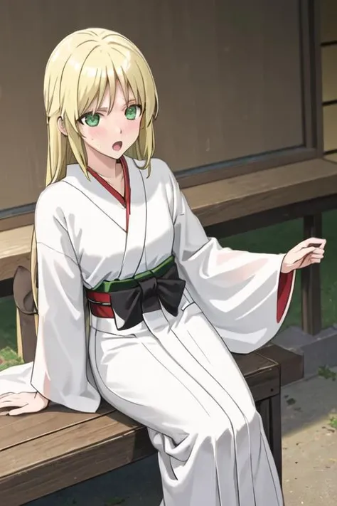 best quality, masterpiece, highres, solo, {white kimono:1.35}, {red hakama:1.35}, {wide sleeves:1.20}, {kuroi_sena_mangakasantoassistantsanto:1.15}, blonde_hair, long_hair, green_eyes, blush, open_mouth