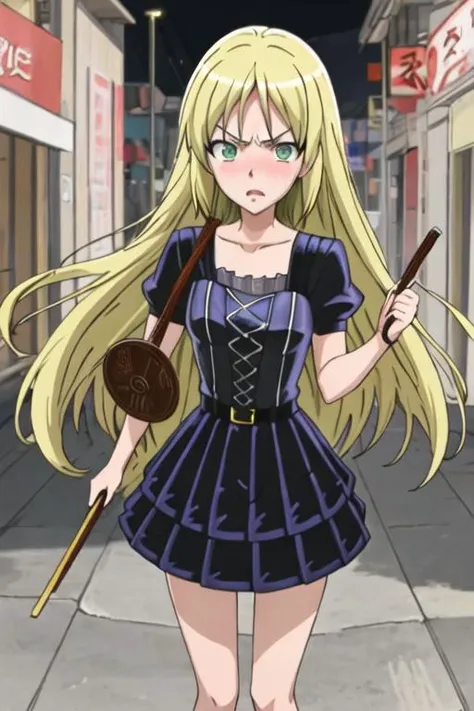 best quality, masterpiece, highres, solo, {kuroi_sena_mangakasantoassistantsanto:1.15}, blonde_hair, long_hair, green_eyes, blush, open_mouth, 1girl, frown, parody, anime_coloring