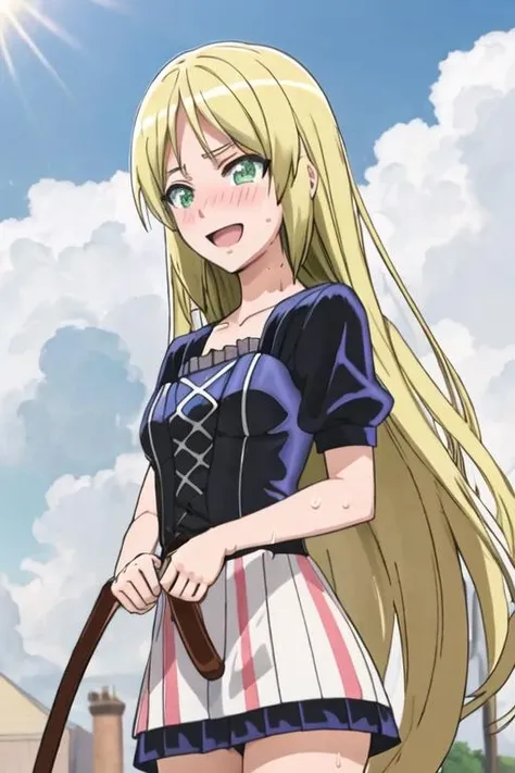 best quality, masterpiece, highres, solo, {kuroi_sena_mangakasantoassistantsanto:1.15}, blonde_hair, long_hair, green_eyes, blush, open_mouth, 1girl, sweat, parody, tears, smile, @_@, meme
