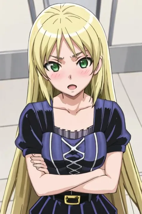 best quality, masterpiece, highres, solo, {kuroi_sena_mangakasantoassistantsanto:1.15}, blonde_hair, long_hair, green_eyes, blush, open_mouth, 1girl, dress, looking_at_viewer, parody, crossed_arms