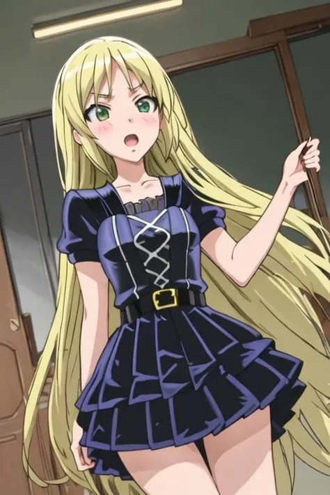 best quality, masterpiece, highres, solo, {kuroi_sena_mangakasantoassistantsanto:1.15}, blonde_hair, long_hair, green_eyes, blush, open_mouth