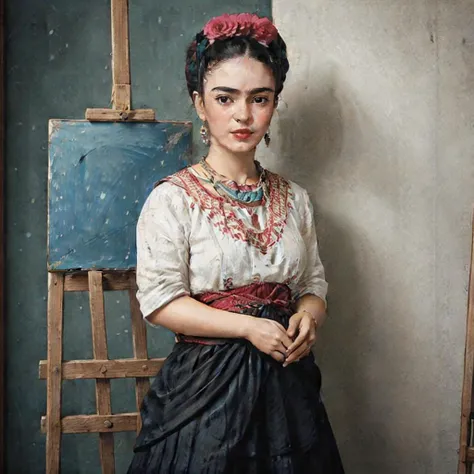 <lora:Frida_Kahlo_by_DevDope-000009:0.5> Frida Kahlo, standing painting at an easel