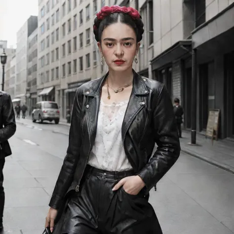 <lora:Frida_Kahlo_by_DevDope-000009:0.4> Frida Kahlo, wearing a black leather jacket, city street