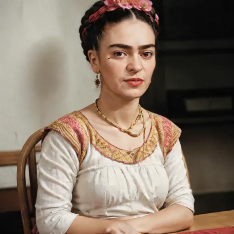 <lora:Frida_Kahlo_by_DevDope-000009:0.4> a closeup of Frida Kahlo, sitting at a table