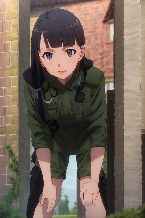 ((masterpiece, high quality, highres,))
outdoors, bent over, looking at viewer,
mari, military uniform, <lora:Kurokawa_Mari:1>
