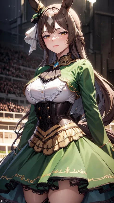 masterpiece, best quality, ultra-detailed, glistening shiny, glowing light, ray tracing, HDR, deph of field, (perfect face, detailed face, detailed eyes,perfect hands,perfect fingers), 8k,HD,ultra realistic face,ray tracing,perfect lighting,best quality, ultra-detailed,
looking at viewer, blush, smile, aasato, long hair, half updo, braid, hair between eyes, animal ears, ear ornament, horse tail, breasts, frills, black ascot, green dress, (sleeves past wrists:1.2), black thighhighs, (horse race track:1.5), running, crowd,
<lora:satono_diamond_v1-1:0.7> <lora:sensualface_type1:1>
