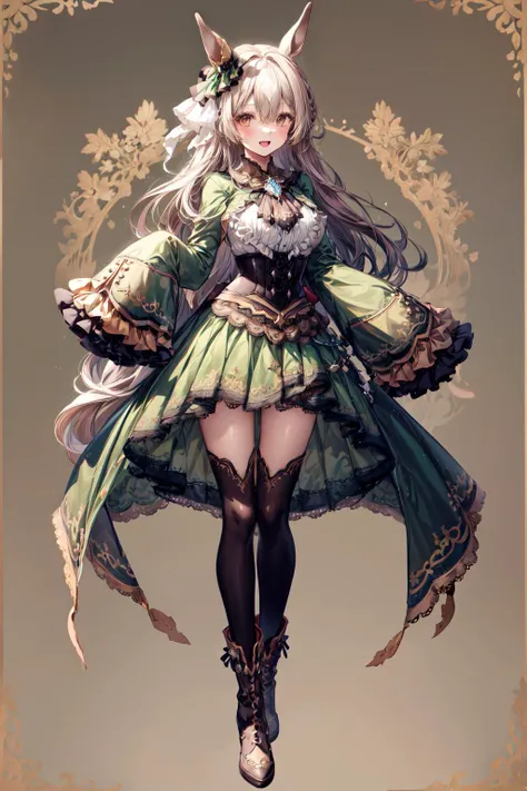 masterpiece, best quality, highres, aasato, (long hair:1.2), half updo, braid, hair between eyes, animal ears, ear ornament, horse tail, (large breasts:0.8), frills, black ascot, green dress, (sleeves past wrists:1.2), black thighhighs, <lora:satono_diamond_v1-1:0.8>, standing, smile, open mouth, (full body), patterned background, boots, paw pose, <lora:add_detail:1>
