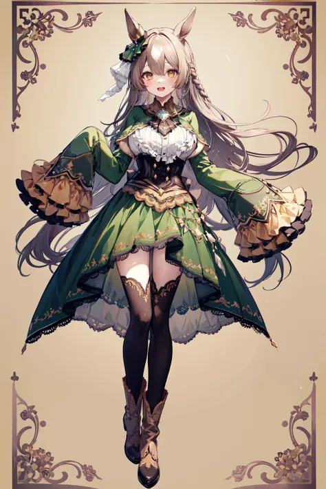 masterpiece, best quality, highres, aasato, (long hair:1.2), half updo, braid, hair between eyes, animal ears, ear ornament, horse tail, (large breasts:0.8), frills, black ascot, green dress, (sleeves past wrists:1.2), black thighhighs, <lora:satono_diamond_v1-1:0.8>, standing, smile, open mouth, (full body), patterned background, boots, thigh gap, lying,