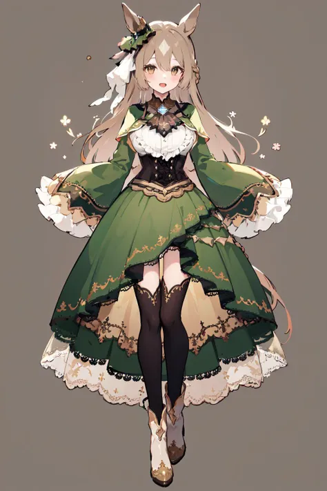 masterpiece, best quality, highres, aasato, (long hair:1.2), half updo, braid, hair between eyes, animal ears, ear ornament, horse tail, (large breasts:0.8), frills, black ascot, green dress, (sleeves past wrists:1.2), black thighhighs, <lora:satono_diamond_v1-1:0.8>, standing, smile, open mouth, (full body), patterned background, boots, fetal position, <lora:add_detail:-1>
