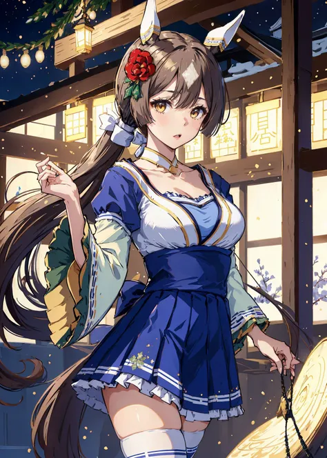 masterpiece, best quality, highres, ffsato, long hair, low ponytail, hair between eyes, hair flower, animal ears, horse tail, breasts, collarbone, cleavage, japanese clothes, blue skirt, white thighhighs, <lora:satono_diamond_v1-1:0.8>, christmas atmosphere in city