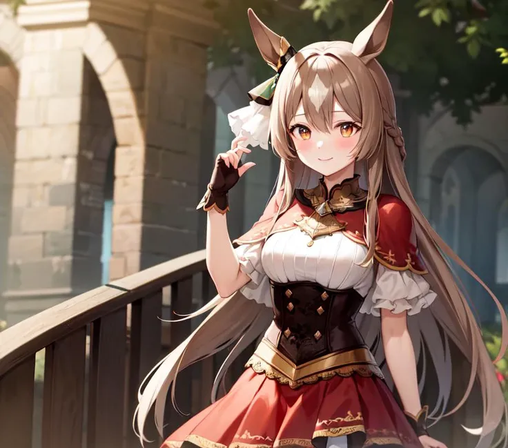 masterpiece, best quality, highres, {{8k}},
BREAK,
aasato, long hair, half updo, braid, hair between eyes, animal ears, ear ornament, <lora:satono_diamond_v1-1:0.7>, medium breasts, plate armor, long red skirt, cowboy shot, shy smile, blush, cute, wide hips, busty,
BREAK,
outdoor, castle,