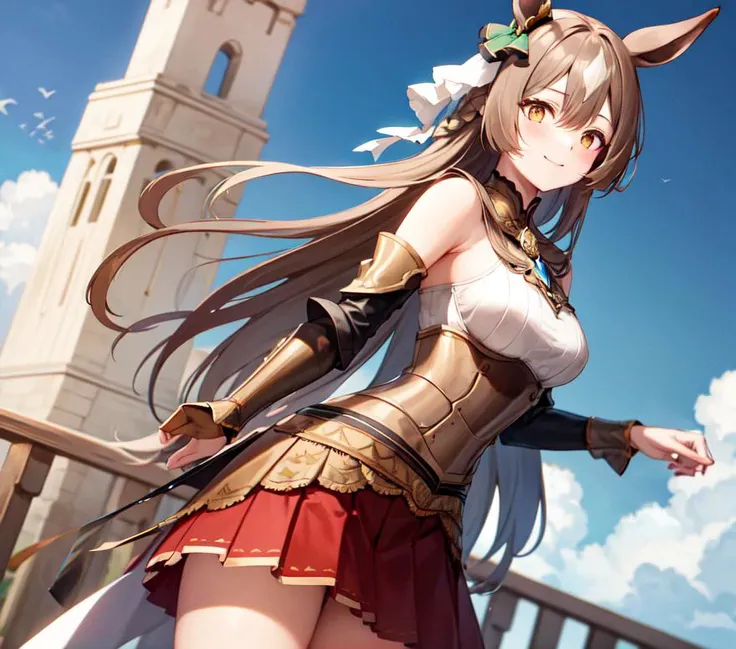 masterpiece, best quality, highres, {{8k}},
BREAK,
aasato, long hair, half updo, braid, hair between eyes, animal ears, ear ornament, <lora:satono_diamond_v1-1:0.7>, medium breasts, plate armor, long red skirt, cowboy shot, shy smile, blush, cute, wide hips, busty,
BREAK,
outdoor, castle,