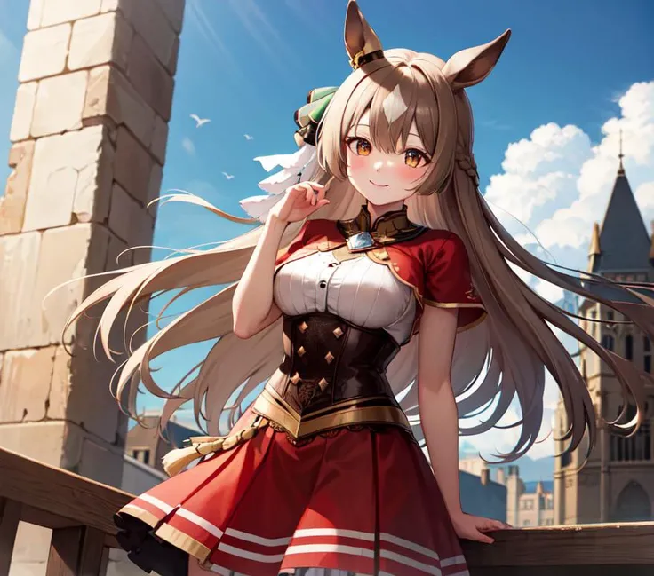 masterpiece, best quality, highres, {{8k}},
BREAK,
aasato, long hair, half updo, braid, hair between eyes, animal ears, ear ornament, <lora:satono_diamond_v1-1:0.7>, medium breasts, plate armor, long red skirt, cowboy shot, shy smile, blush, cute, wide hips, busty,
BREAK,
outdoor, castle,