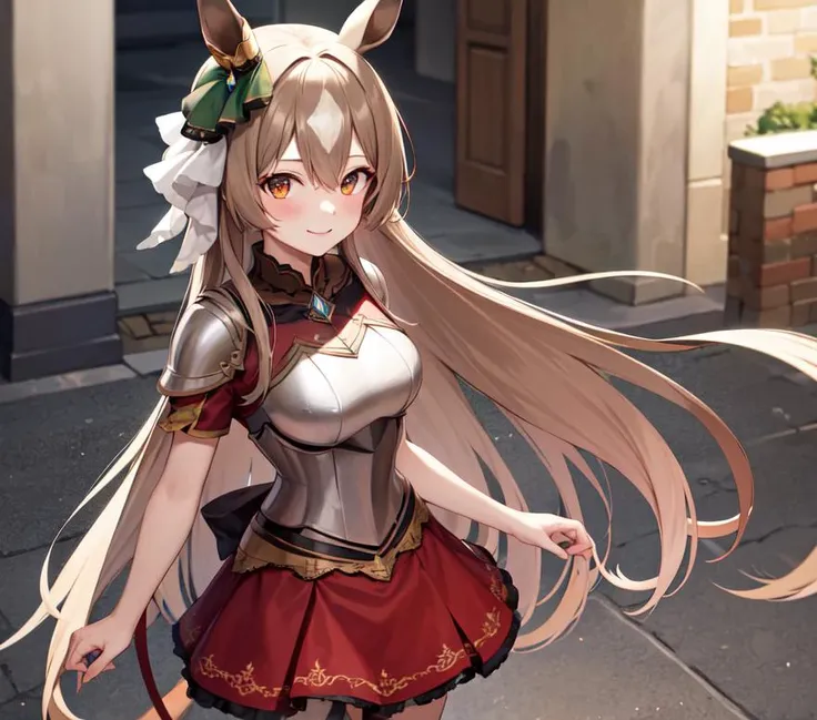 masterpiece, best quality, highres, {{8k}},
BREAK,
aasato, long hair, half updo, braid, hair between eyes, animal ears, ear ornament, <lora:satono_diamond_v1-1:0.7>, medium breasts, plate armor, long red skirt, cowboy shot, shy smile, blush, cute, wide hips, busty, from behind,
BREAK,
outdoor, castle,