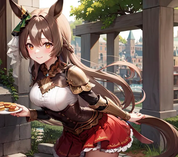masterpiece, best quality, highres, {{8k}},
BREAK,
aasato, long hair, half updo, braid, hair between eyes, animal ears, ear ornament, <lora:satono_diamond_v1-1:0.7>, medium breasts, plate armor, long red skirt, cowboy shot, shy smile, blush, cute, wide hips, busty, from behind,
BREAK,
outdoor, castle,