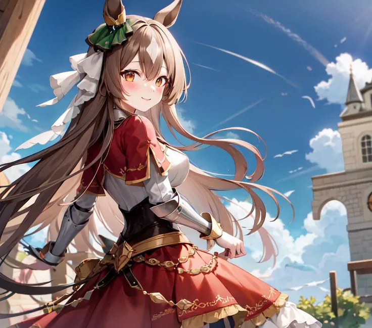 masterpiece, best quality, highres, {{8k}},
BREAK,
aasato, long hair, half updo, braid, hair between eyes, animal ears, ear ornament, <lora:satono_diamond_v1-1:0.7>, medium breasts, plate armor, long red skirt, cowboy shot, shy smile, blush, cute, wide hips, busty, from behind,
BREAK,
outdoor, castle,