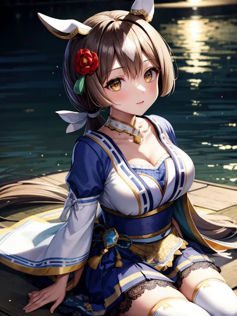 (masterpiece, best quality:1.2), view from above, bright eyes, head tilt, (blush, parted lips, smile:0.64), (intricate light:1.2),
ffsato, long hair, low ponytail, hair between eyes, hair flower, animal ears, collarbone, cleavage, japanese clothes, blue skirt, white thighhighs, <lora:satono_diamond_v1-1:0.8>, Thick Eyelashes, Brilliant Colorful Illustration,
<lora:add_detail:0.33>, <lora:ALunarLoraDim64:0.5> , moonlight, night, dark theme, light, fantasy, magic sparks, light particles