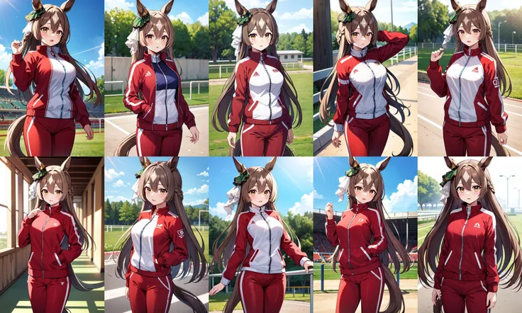 masterpiece, best quality, highres, eesato, long hair, half updo, braid, hair between eyes, animal ears, ear ornament, horse tail, breasts, track jacket, red jacket, long sleeves, track pants, red pants, <lora:satono_diamond_v1-1:0.8>, standing, cowboy shot