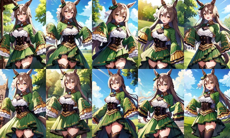 masterpiece, best quality, highres, aasato, long hair, half updo, braid, hair between eyes, animal ears, ear ornament, horse tail, breasts, frills, black ascot, green dress, (sleeves past wrists:1.2), black thighhighs, <lora:satono_diamond_v1-1:0.8>, cowboy shot, standing, outdoors, smile, open mouth
