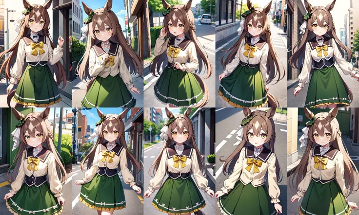 masterpiece, best quality, highres, ddsato, long hair, half updo, braid, hair between eyes, animal ears, ear ornament, horse tail, center frills, brown sailor collar, yellow bow, brown shirt, long sleeves, green skirt, <lora:satono_diamond_v1-1:0.8>, street, standing, cowboy shot