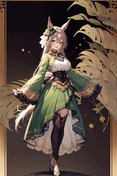 full body, solo, 1girl, looking up, smile, blush, medium breasts, grey hair, quad tails, dark purple eyes, beautiful detailed face, ultra detailed eyes, green sash, day, Lathyrus_odoratus \(flower\), floral background <lora:gujianshaonu_style_v04Unet:1>