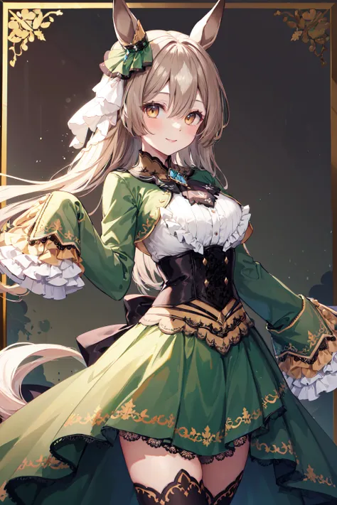 masterpiece, best quality, highres, smile, patterned background, looking at viewer, (large breasts:0.8),
aasato, long hair, half updo, braid, hair between eyes, animal ears, ear ornament, horse tail, breasts, frills, black ascot, green dress, (sleeves past wrists:1.2), black thighhighs, <lora:satono_diamond_v1-1:0.8>, (closed mouth:0.6), dutch angle