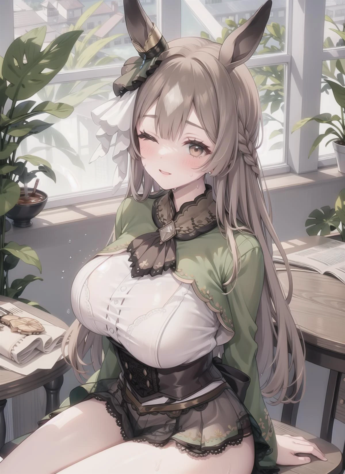 1girl,ellow eyes,long hair,sitting on the chair,green kimono,light smile,redden,arms behind back,nature,hair ornament,animal ears,(gigantic breasts),<lora:å
é»:1>,<lora:bikini_under_clothes_v0.2:1>,coffee shop,window,flower on the window,wooden table,caffe on the table,flower on the table,(Lace white long Sleeves,sleeves cover hands),Sweat through clothes,Reasonable hands,sweat,one eye closed,