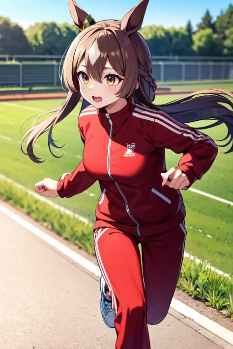 masterpiece, best quality, highres, eesato, long hair, half updo, braid, hair between eyes, animal ears, ear ornament, horse tail, breasts, track jacket, red jacket, long sleeves, track pants, red pants, <lora:satono_diamond_v1-1:0.8>, running, field,