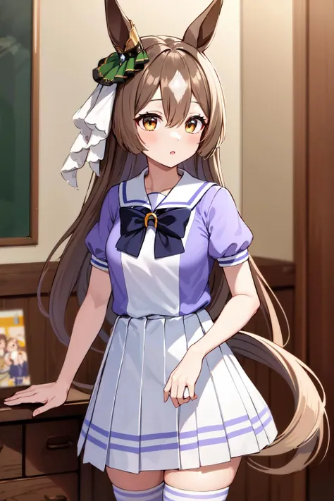 masterpiece, best quality, highres, bbsato, long hair, half updo, braid, hair between eyes, animal ears, ear ornament, horse tail, tracen school uniform, sailor collar, bowtie, purple shirt, sailor shirt, short sleeves, white skirt, white thighhighs, <lora:satono_diamond_v1-1:0.8>, indoors, standing, cowboy shot