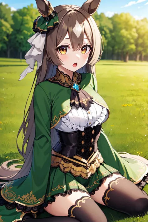 masterpiece, best quality, highres, aasato, long hair, half updo, braid, hair between eyes, animal ears, ear ornament, horse tail, breasts, frills, black ascot, green dress, (sleeves past wrists:1.2), black thighhighs, <lora:satono_diamond_v1-1:0.8>, outdoors, field, wariza, sitting, on floor, :o