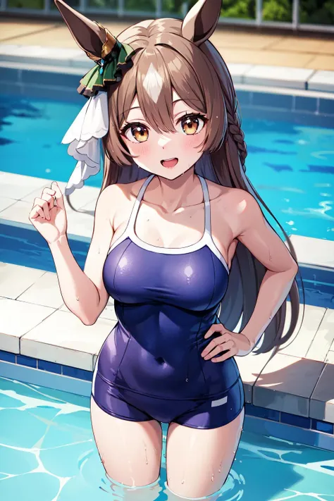 masterpiece, best quality, highres, ccsato, long hair, half updo, braid, hair between eyes, animal ears, ear ornament, horse tail, breasts, collarbone, school swimsuit, blue one-piece swimsuit, <lora:satono_diamond_v1-1:0.8>, wet, partially submerged, poolside, smile, open mouth, hand on hip,