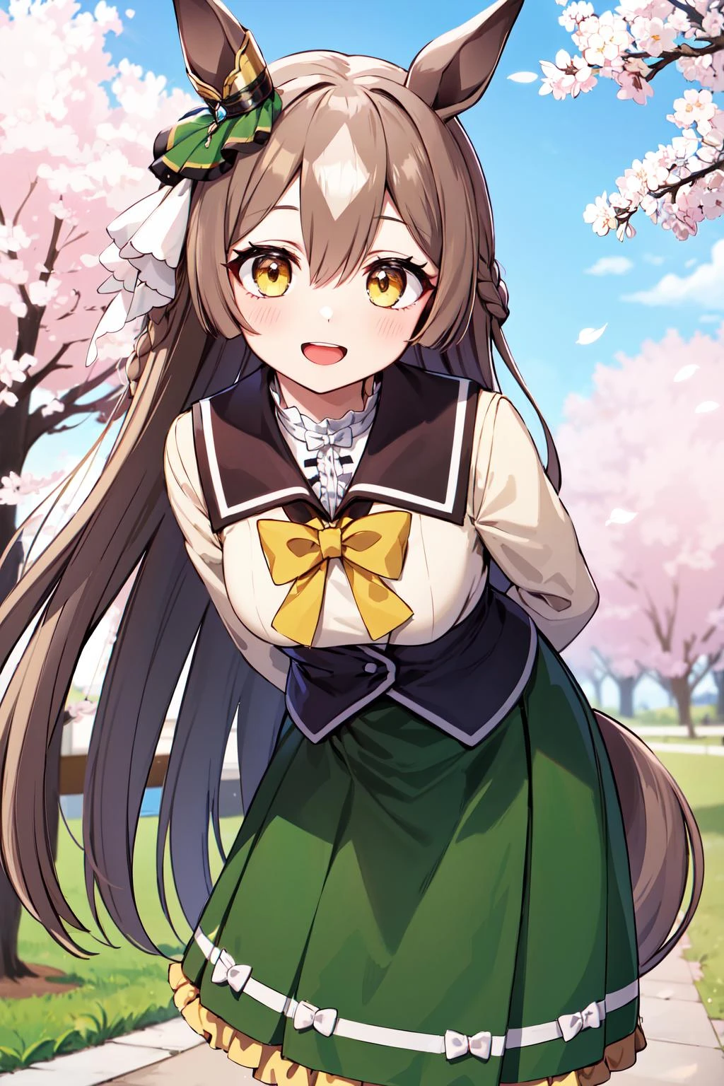 masterpiece, best quality, highres, ddsato, long hair, half updo, braid, hair between eyes, animal ears, ear ornament, horse tail, center frills, brown sailor collar, yellow bow, brown shirt, long sleeves, green skirt, <lora:satono_diamond_v1-1:0.8>, arms behind back, leaning forward, smile, open mouth, outdoors, cherry blossoms,